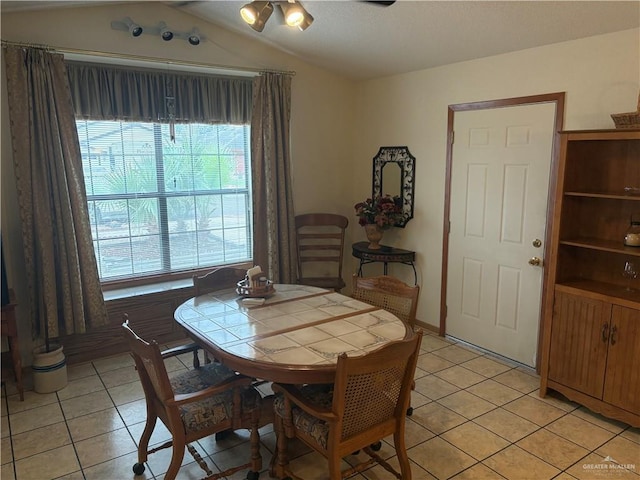 tiled dining area with lofted ceiling