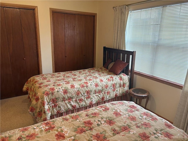 carpeted bedroom with two closets