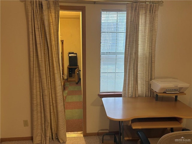 dining room with light colored carpet