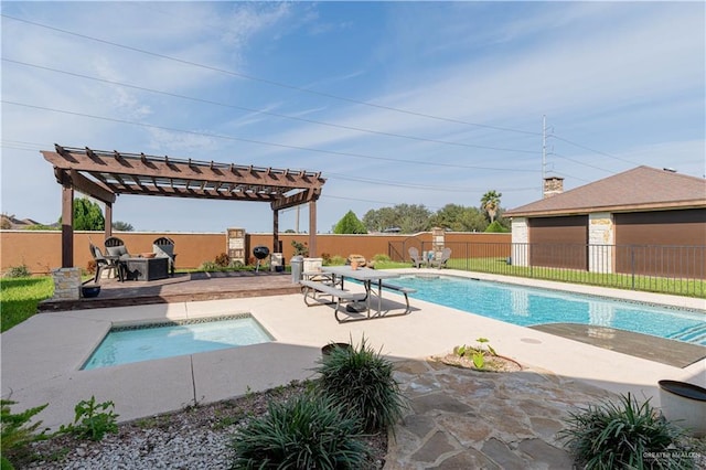 view of pool featuring an in ground hot tub, a pergola, and a patio