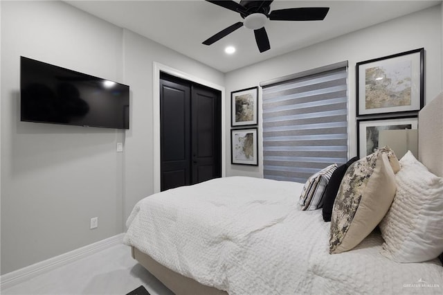 102 E Whiting St Unit A & B, South Padre Island, TX 78597 - bedroom with baseboards, a closet, ceiling fan, and recessed lighting
