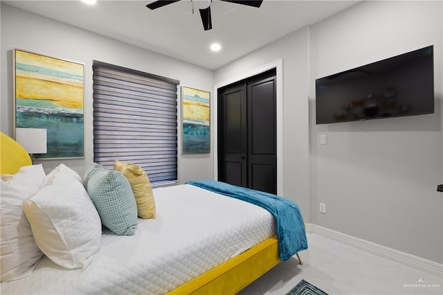 102 E Whiting St Unit A & B, South Padre Island, TX 78597 - bedroom with baseboards, recessed lighting, a ceiling fan, marble finish floors, and a closet