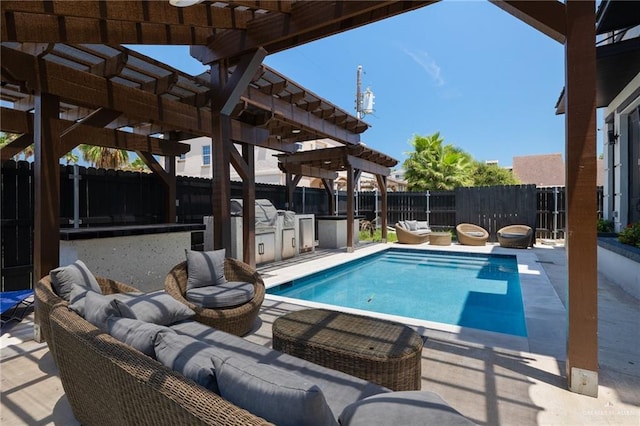 102 E Whiting St Unit A & B, South Padre Island, TX 78597 - view of swimming pool featuring a pergola, an outdoor living space, a fenced backyard, and a patio