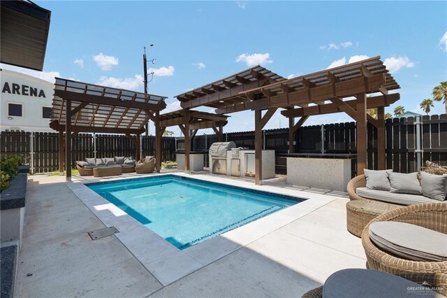 102 E Whiting St Unit A & B, South Padre Island, TX 78597 - view of pool featuring an outdoor hangout area, a pergola, area for grilling, a patio area, and a fenced backyard