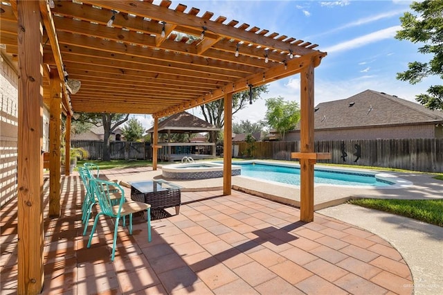 view of pool with a fenced in pool, a gazebo, a pergola, an in ground hot tub, and a fenced backyard