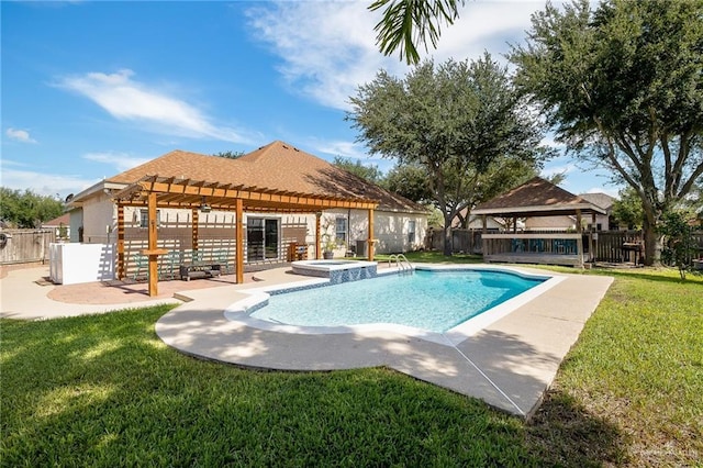 view of swimming pool featuring a patio, a lawn, a gazebo, a pergola, and a fenced backyard