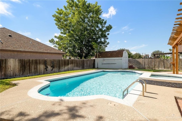 view of pool featuring a storage shed, a fenced in pool, a patio, a fenced backyard, and an outbuilding