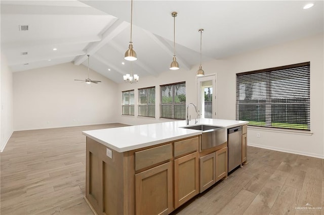 kitchen featuring sink, lofted ceiling with beams, stainless steel dishwasher, an island with sink, and light wood-type flooring