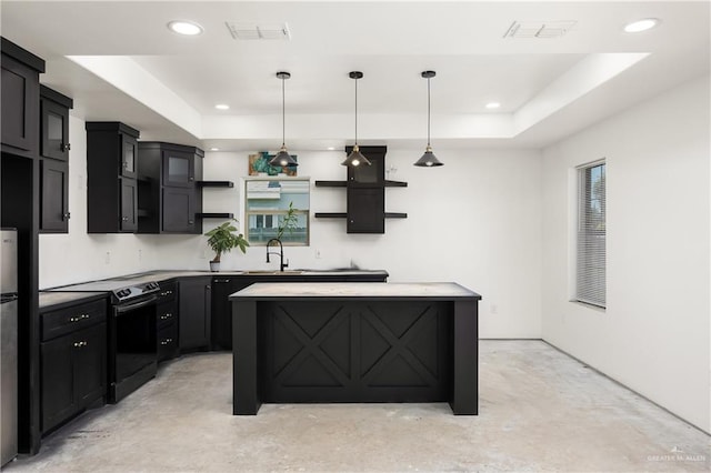 kitchen featuring a raised ceiling, sink, a center island, black range with electric stovetop, and hanging light fixtures