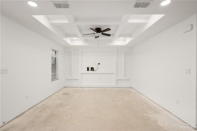 empty room featuring ceiling fan, beam ceiling, and coffered ceiling