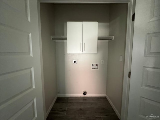 8706 Pink Flamingo St, Harlingen, TX 78552 - clothes washing area featuring electric dryer hookup, cabinet space, baseboards, dark wood-style floors, and washer hookup