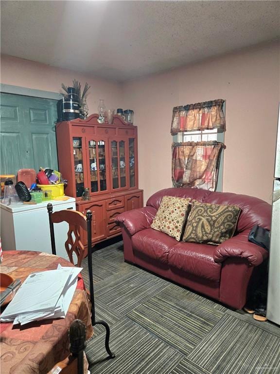 living room with carpet flooring and a textured ceiling