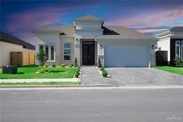 1306 E Danielle Ave, Pharr, TX 78577 - prairie-style home featuring french doors, a shingled roof, an attached garage, driveway, and stucco siding