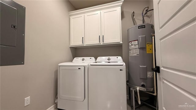 washroom with washer and dryer, cabinets, electric water heater, and electric panel