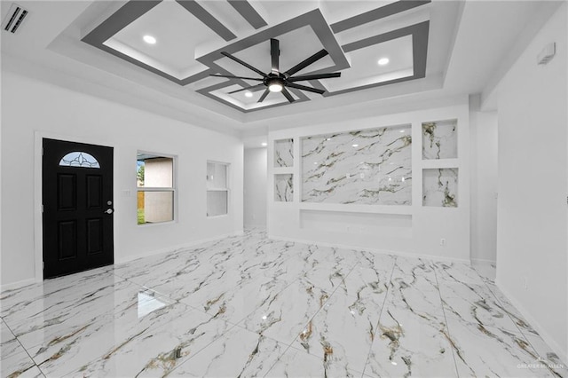 foyer entrance with marble finish floor, visible vents, recessed lighting, coffered ceiling, and baseboards