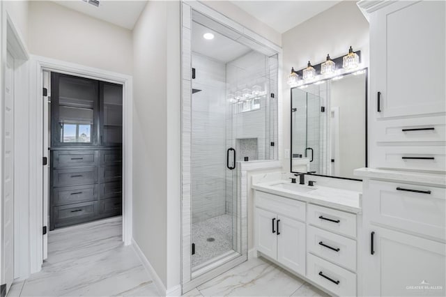2400 Windmill Palm, Rio Grande City, TX 78582 - full bath with a stall shower, baseboards, recessed lighting, marble finish floor, and vanity