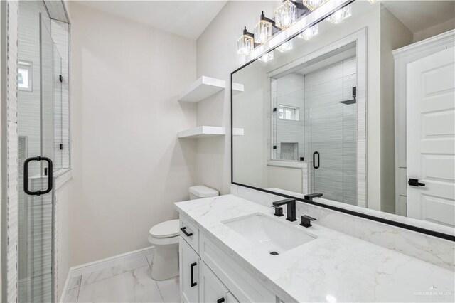 2400 Windmill Palm, Rio Grande City, TX 78582 - full bathroom with a shower stall, toilet, vanity, marble finish floor, and baseboards