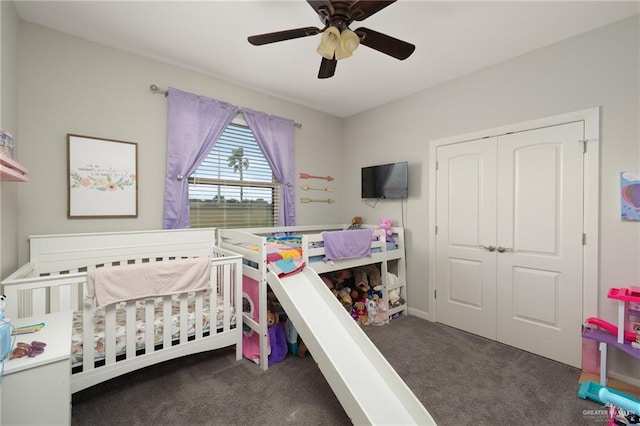 5116 Escondido Pass, Mcallen, TX 78504 - carpeted bedroom with a nursery area, a closet, and ceiling fan