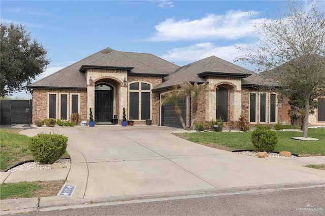 french country home featuring driveway, roof with shingles, an attached garage, fence, and brick siding