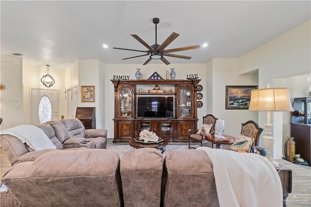 living room featuring ceiling fan