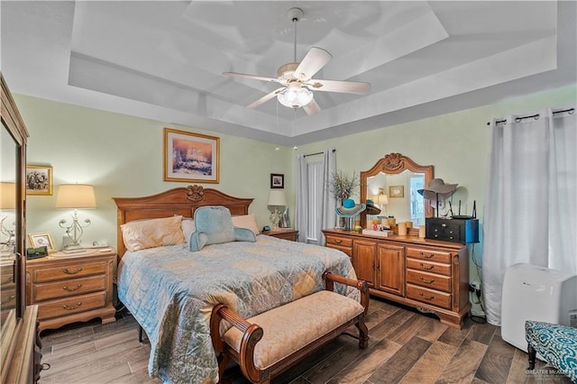 bedroom featuring a raised ceiling and ceiling fan