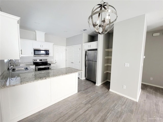 kitchen featuring sink, white cabinetry, stainless steel appliances, light stone countertops, and kitchen peninsula