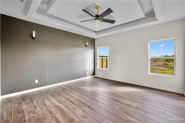 unfurnished room with a raised ceiling and ceiling fan