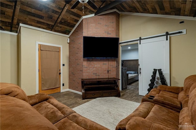 living room featuring a barn door, baseboards, wooden ceiling, ceiling fan, and high vaulted ceiling