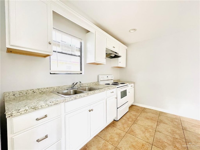 kitchen featuring light tile patterned floors, white electric range, under cabinet range hood, white cabinetry, and a sink