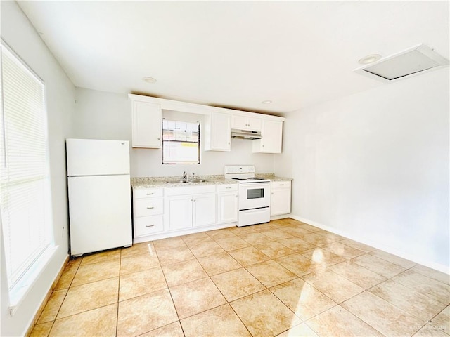 kitchen featuring light tile patterned floors, white cabinets, light stone countertops, white appliances, and under cabinet range hood