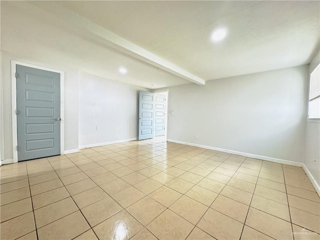 spare room with recessed lighting, baseboards, beam ceiling, and light tile patterned flooring