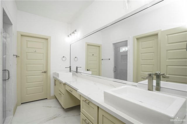 2613 Linva Ave, Edinburg, TX 78539 - full bathroom with marble look tiles, double vanity, and a stall shower