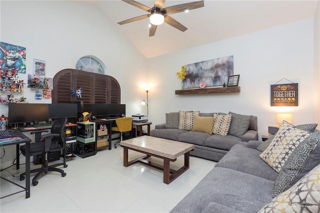 living room with high vaulted ceiling and ceiling fan