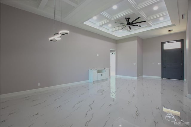 interior space featuring ceiling fan, crown molding, beamed ceiling, and coffered ceiling