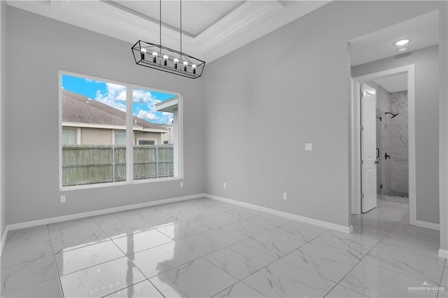 unfurnished dining area with a raised ceiling and a chandelier