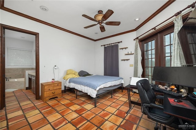 tiled bedroom featuring ceiling fan, french doors, crown molding, and ensuite bath