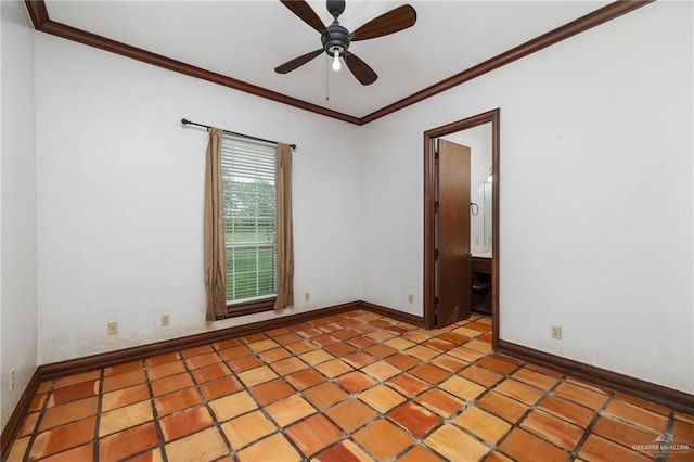 unfurnished room with ceiling fan, light tile patterned floors, and ornamental molding