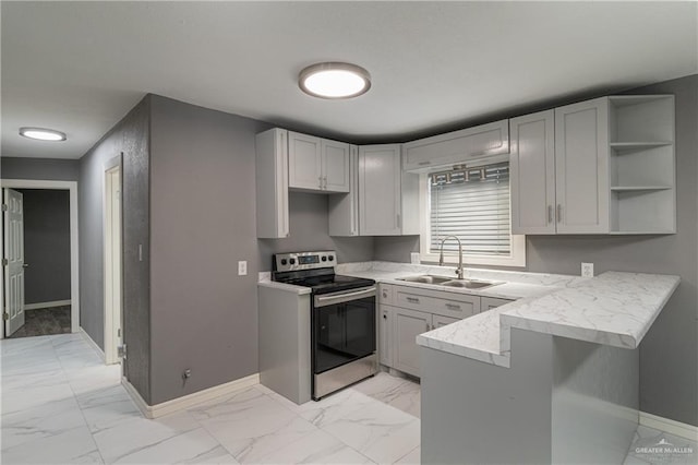 501 W Iowa St, Harlingen, TX 78552 - kitchen featuring a peninsula, marble finish floor, stainless steel electric range oven, and a sink