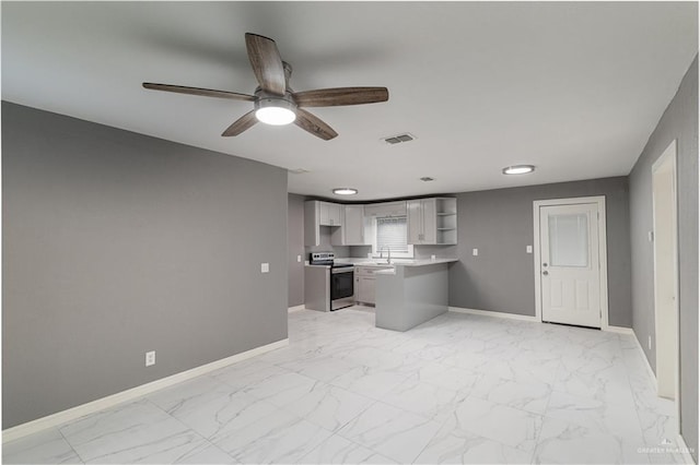 kitchen featuring marble finish floor, open shelves, stainless steel electric stove, light countertops, and visible vents