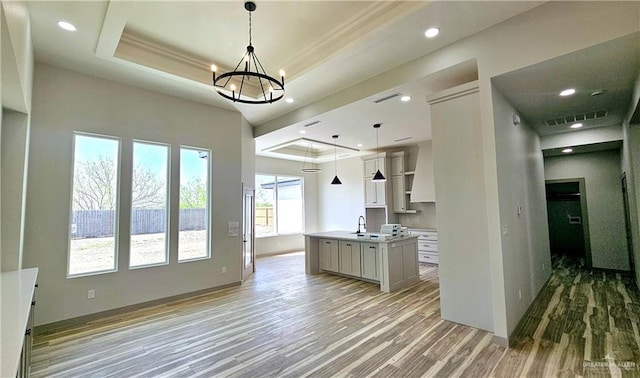 kitchen with a sink, visible vents, light wood-style floors, a raised ceiling, and a center island with sink