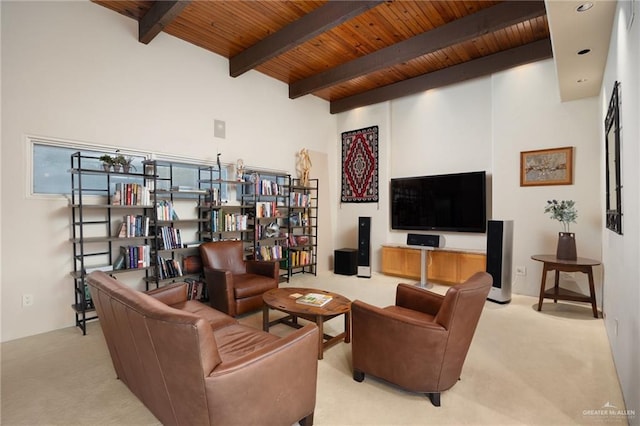 carpeted living room featuring wooden ceiling and beamed ceiling