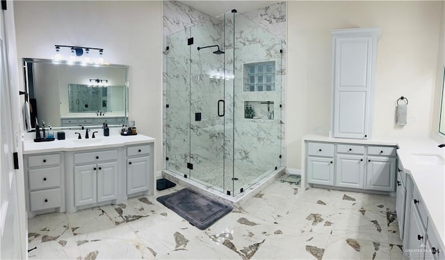 5809 N 3rd St, Mcallen, TX 78504 - bathroom featuring a marble finish shower, marble finish flooring, two vanities, and baseboards