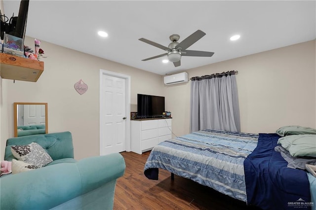 3411 Juan St, Edinburg, TX 78541 - bedroom with a wall mounted AC, wood finished floors, recessed lighting, and a ceiling fan