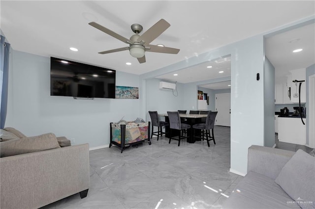 3411 Juan St, Edinburg, TX 78541 - living area with a wall unit AC, a ceiling fan, light marble finish flooring, and recessed lighting