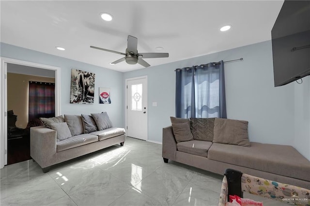 3411 Juan St, Edinburg, TX 78541 - living area featuring light marble finish flooring, ceiling fan, and recessed lighting