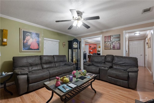 1914 W Barcelona Ave, Harlingen, TX 78550 - living room featuring ceiling fan, crown molding, visible vents, and light wood-type flooring