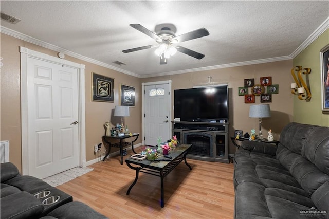 1914 W Barcelona Ave, Harlingen, TX 78550 - living room featuring crown molding, a ceiling fan, a textured ceiling, and light wood finished floors