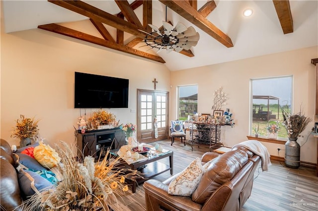 living room with recessed lighting, beam ceiling, baseboards, and wood finished floors