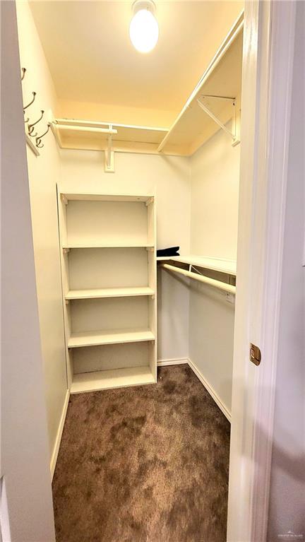 walk in closet with dark colored carpet