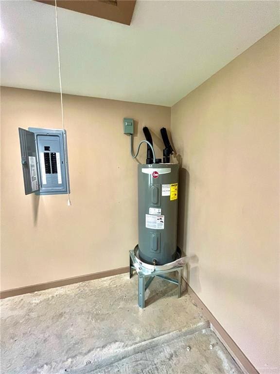 utility room featuring electric panel and water heater